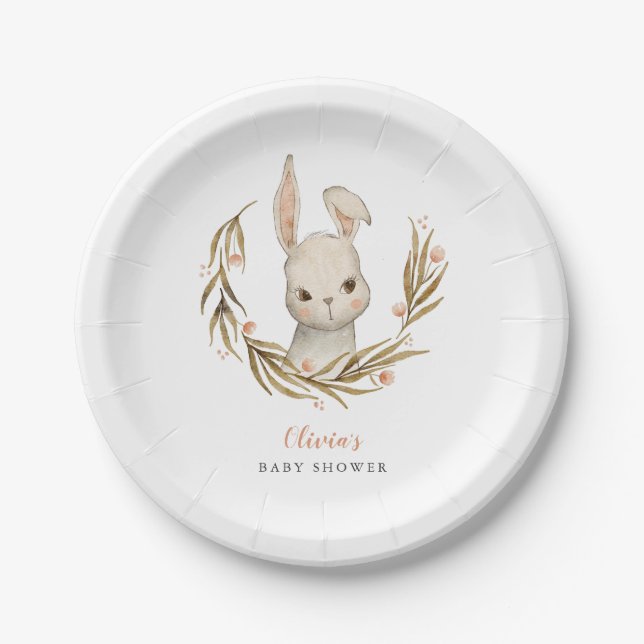 Bunny Pink Floral Baby Shower Paper Plates (Front)