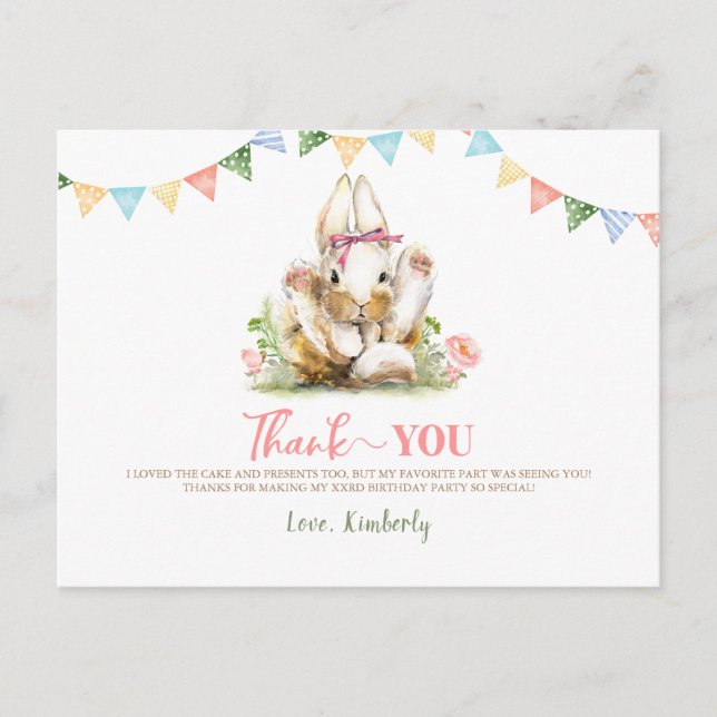 Bunny Pink Floral Birthday Thank You Postcard (Front)