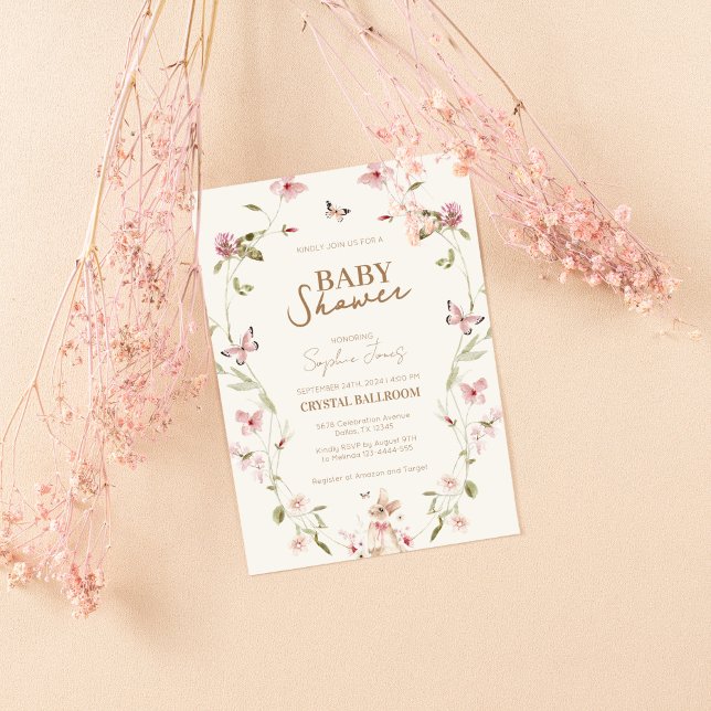Bunny Pink Floral Girl Baby Shower  Invitation (Creator Uploaded)