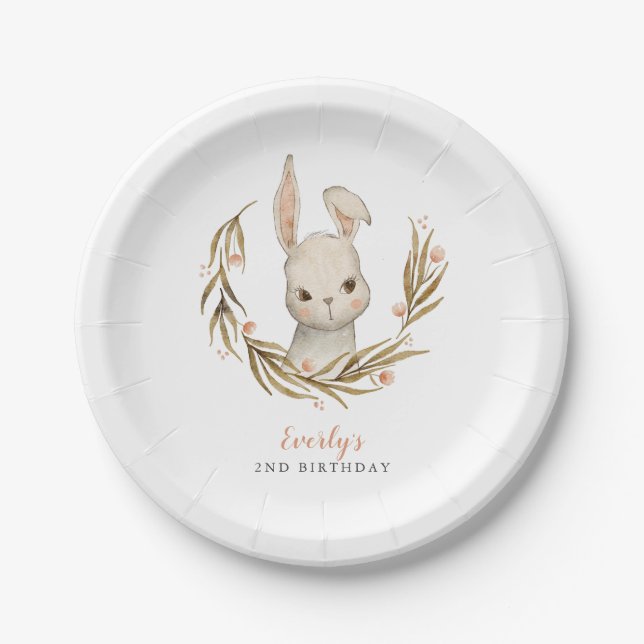 Bunny Pink Floral Kids Birthday Party Paper Plates (Front)