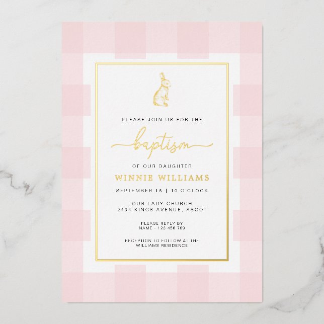 Bunny Pink Gingham Baptism Gold Foil Invitation (Front)