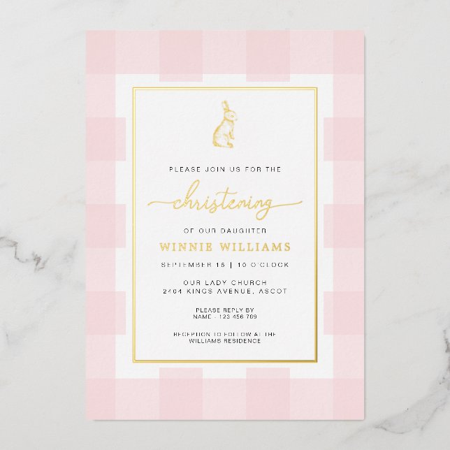Bunny Pink Gingham Christening Foil Invitation (Front)