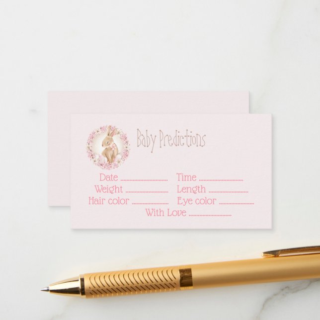 Bunny Pink Girl Baby Shower Baby Predictions Card (Front/Back In Situ)
