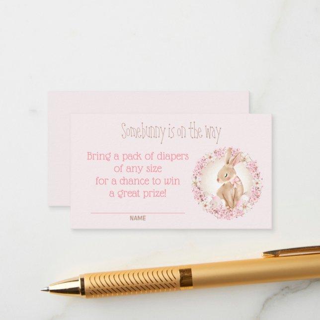 Bunny Pink Girl Baby Shower Diaper Raffle Card (Front/Back In Situ)