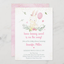 Bunny Pink Gold Floral Girl Baby Shower Invitation