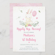 Bunny Pink Gold Floral Girl Birthday Invitation