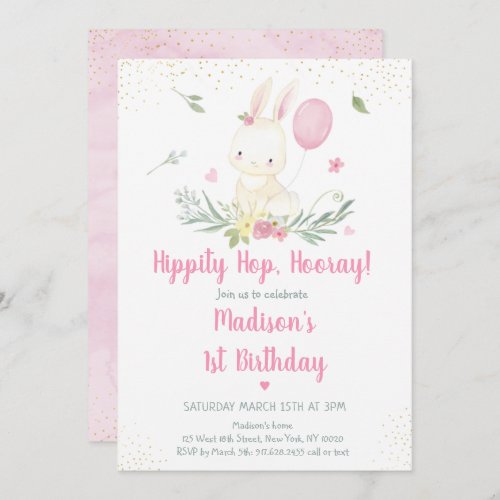 Bunny Pink Gold Floral Girl Birthday Invitation