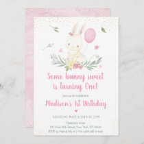 Bunny Pink Gold Floral Girl Birthday Invitation