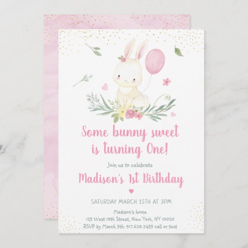 Bunny Pink Gold Floral Girl Birthday Invitation