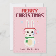 Bunny Pink Pixel Art Christmas Card