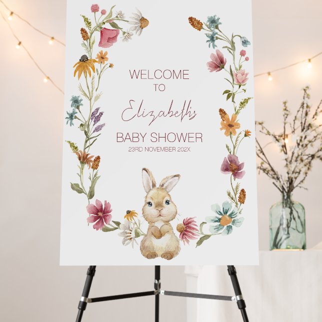 Bunny Pink Wildflowers Wreath Baby Shower  Foam Board (In Situ (Stand))