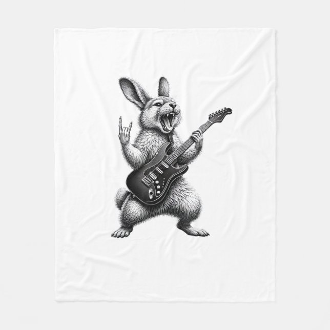 Bunny Playing Guitar Rock Star Bunny Lover Easter  Fleece Blanket (Front)
