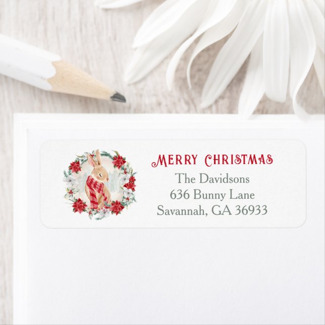 Bunny Poinsettia Christmas Return Address Labels (Insitu)