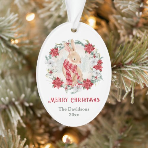 Bunny Poinsettia Watercolor Family Name Christmas Ornament