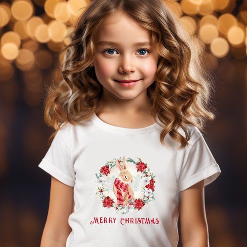 Bunny Poinsettia Watercolor Girl Christmas T_Shirt