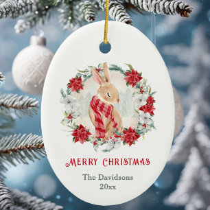 Bunny Poinsettia Watercolor Name Christmas Ceramic Ornament