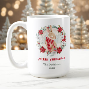 Bunny Poinsettia Watercolor Name Christmas Mug