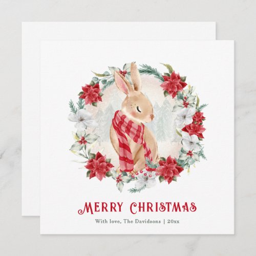 Bunny Poinsettia Watercolor Simple Christmas Card