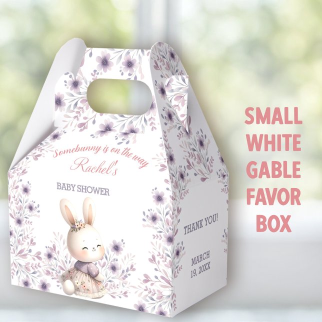 Bunny Purple White Floral Spring Girl Baby Shower Favor Boxes (Easter Bunny white small Gable Favor Boxes - You can choose from 3 sizes of these gable favor boxes.)