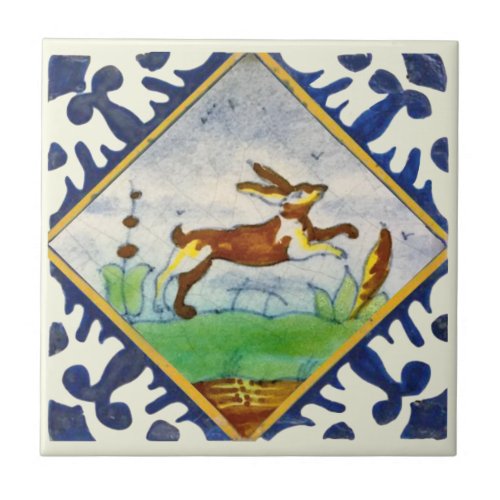 Bunny Rabbit 1650s Delft Polychrome Repro Ceramic Tile