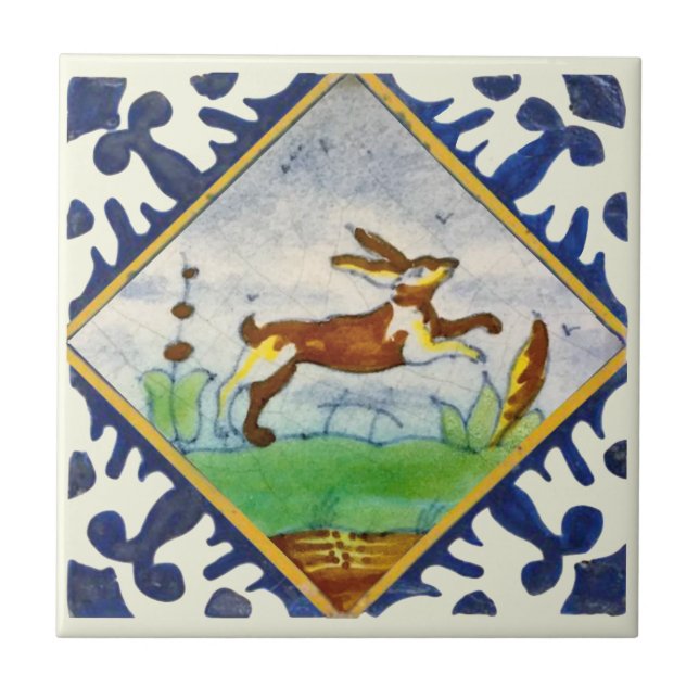 Bunny Rabbit 1650s Delft Polychrome Repro Ceramic Tile (Front)