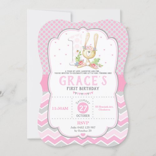 Bunny Rabbit 1st Birthday Invitation Pink Girl