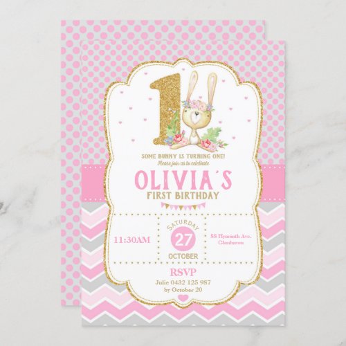 Bunny Rabbit 1st Birthday Invitation Pink Girl