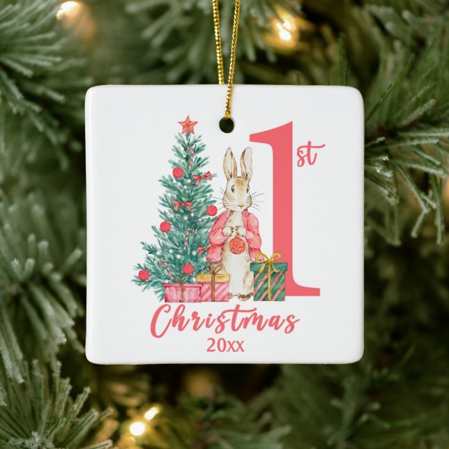 Bunny Rabbit 1st First Christmas Pink Holiday Ceramic Ornament (Tree)