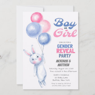 Bunny Rabbit and Balloon Gender Reveal Baby Shower Invitation