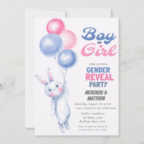 Bunny Rabbit and Balloon Gender Reveal Baby Shower Invitation