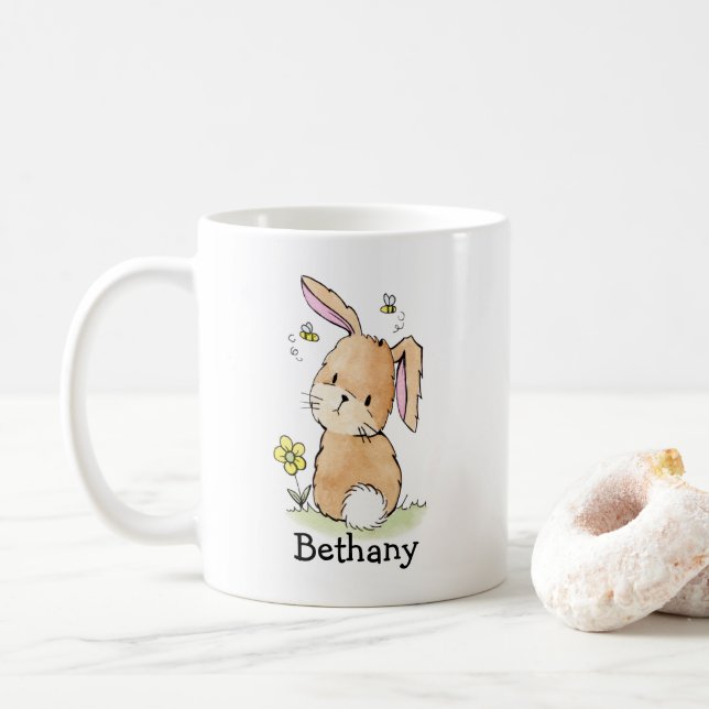 Bunny Rabbit And Bees Personalized Coffee Mug (With Donut)