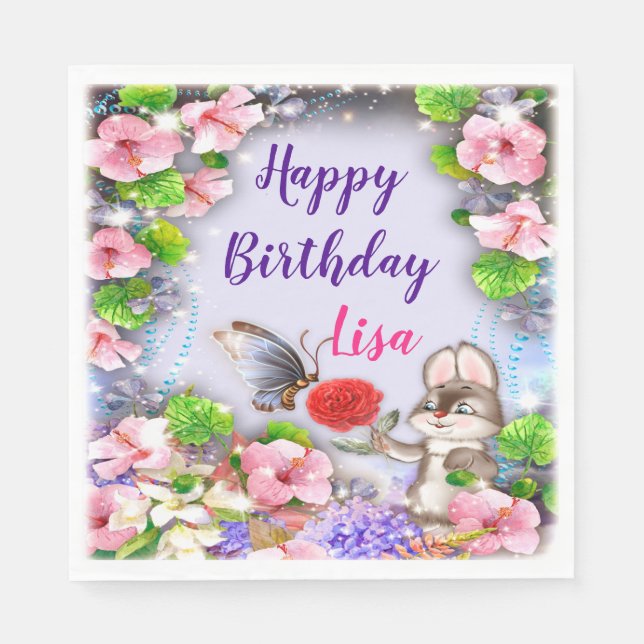 Bunny Rabbit And Butterfly Birthday Party Napkins (Front)