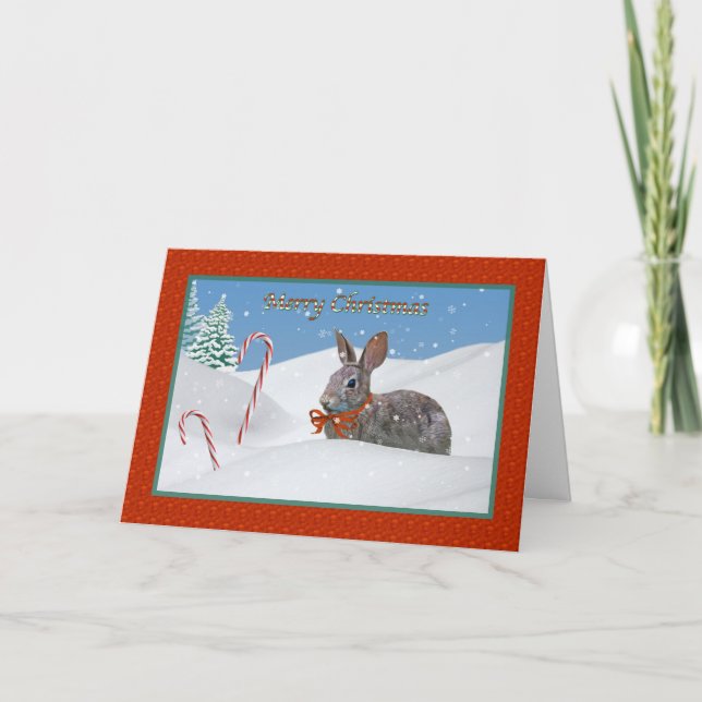 Bunny Rabbit and Candy Cane Christmas Card (Front)