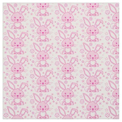 Bunny rabbit and flowers pink graphic fabric