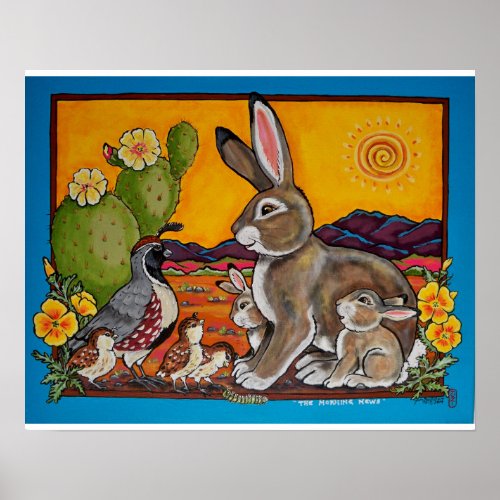 Bunny Rabbit and Quail Families Southwest Poster