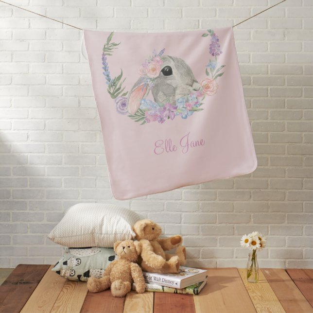 Bunny Rabbit and Spring Flowers Baby Blanket (In Situ)