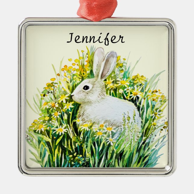 Bunny rabbit and yellow flowers metal ornament (Front)