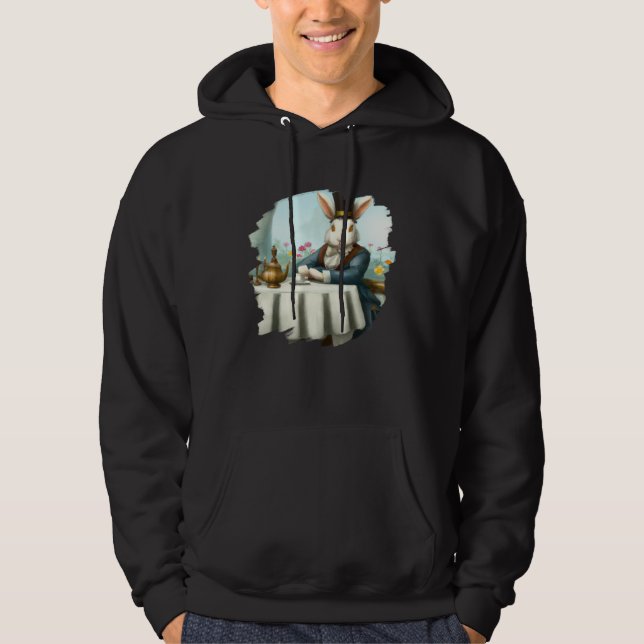 Bunny Rabbit Aristocrat at Cafe Drinking Coffee Te Hoodie (Front)