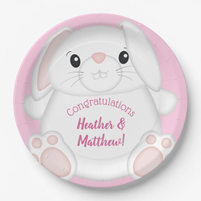 Bunny Rabbit Baby Shower Pink Paper Plates (Front)