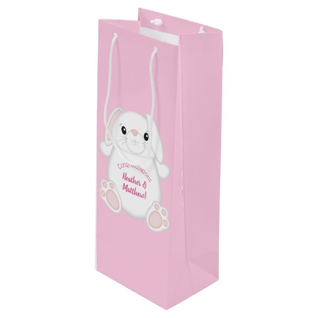 Bunny Rabbit Baby Shower Pink Wine Gift Bag (Front Angled)
