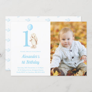 Bunny Rabbit & Balloon Blue 1st Birthday Photo Invitation