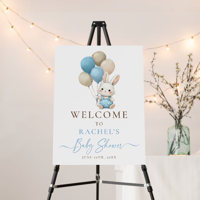 Bunny Rabbit Balloon Blue Baby Boy Shower Welcome Foam Board (In Situ (Stand))