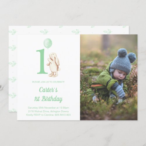 Bunny Rabbit  Balloon Green 1st Birthday Photo Invitation