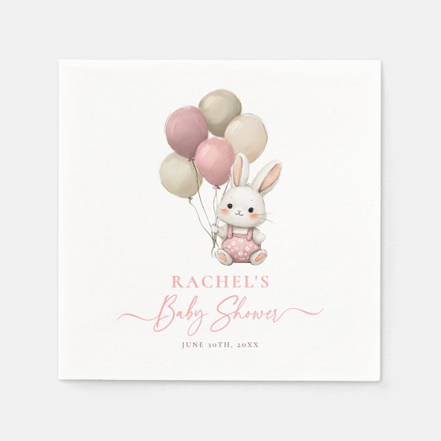 Bunny Rabbit Balloon Pink Baby Girl Shower Napkins (Front)
