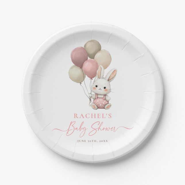 Bunny Rabbit Balloon Pink Baby Girl Shower Paper Plates (Front)