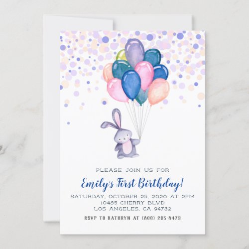 Bunny Rabbit Balloons Birthday Invitation