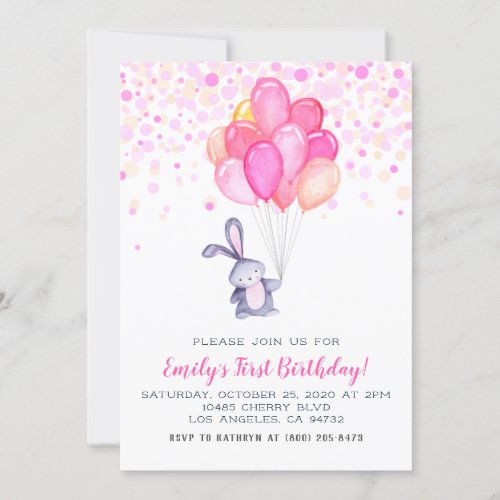 Bunny Rabbit Balloons Birthday Invitation