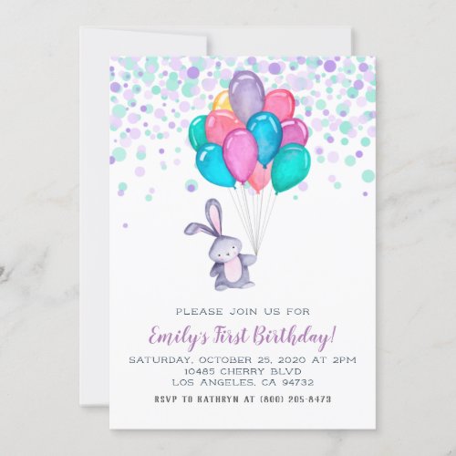 Bunny Rabbit Balloons Birthday Invitation