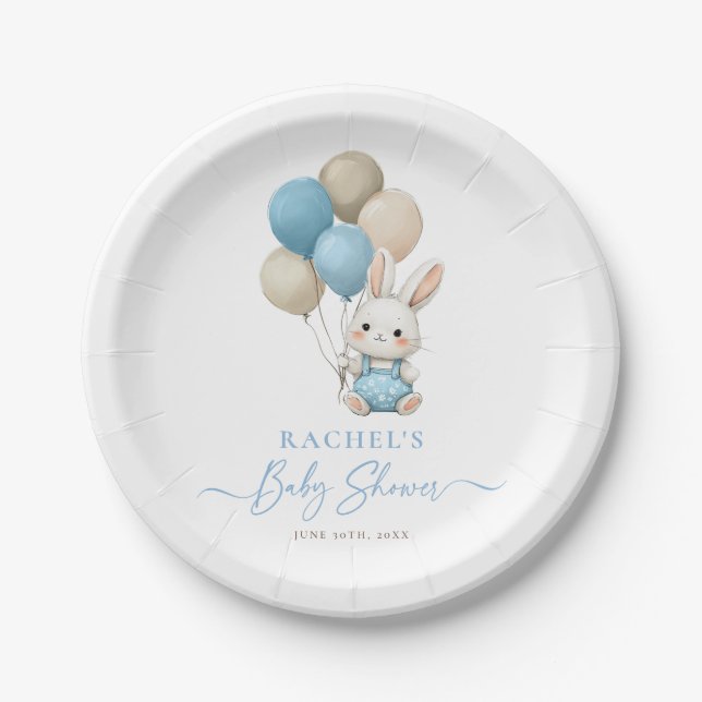 Bunny Rabbit Balloons Blue Baby Boy Shower Paper Plates (Front)