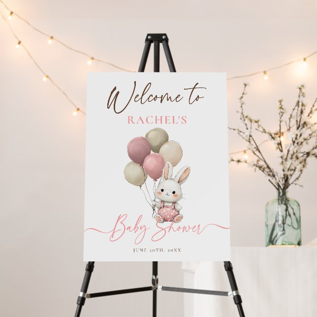 Bunny Rabbit Balloons Pink Baby Shower Welcome Foam Board (In Situ (Stand))